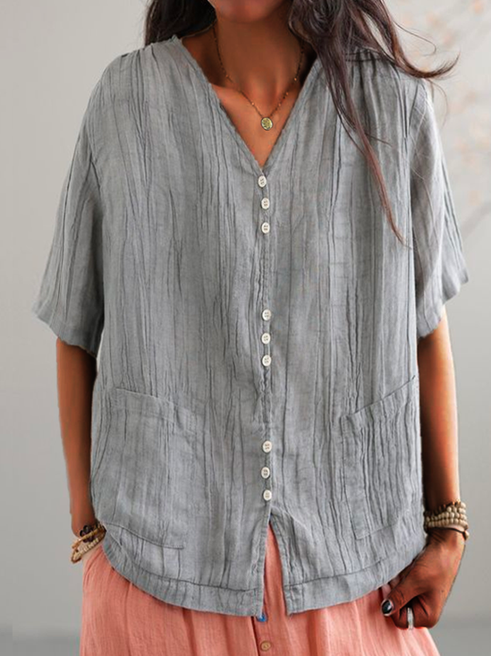 Loose Cotton-Blend Plain Casual Blouse