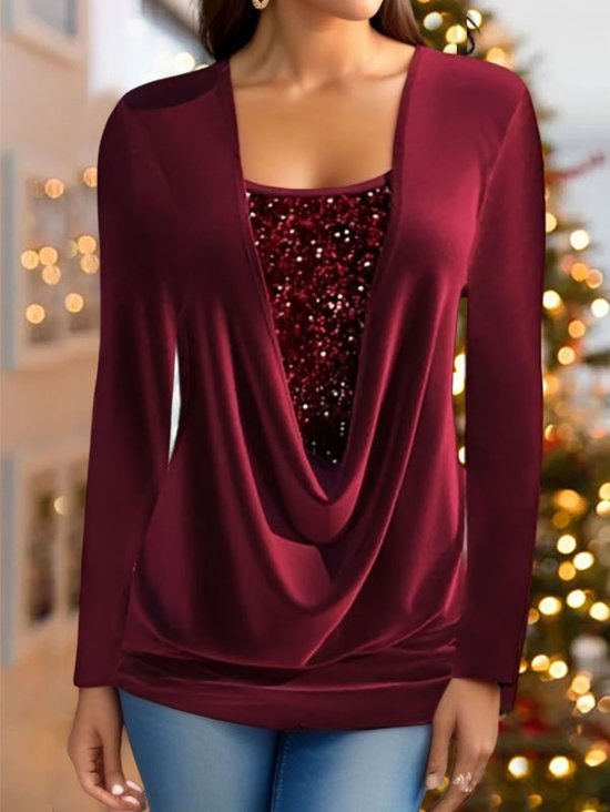 Square Neck Casual Plain Glitter Top