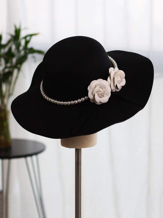 Women's Elegant Camellia Imitation Pearl Black Wide Brim Bride Hat