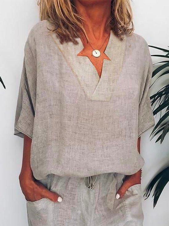Plain Casual Cotton-Blend Blouse