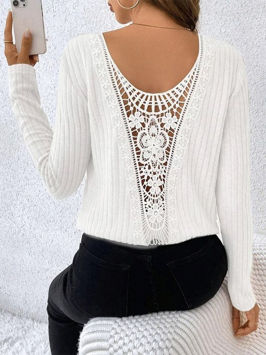 Loose Crew Neck Elegant Lace Shirt