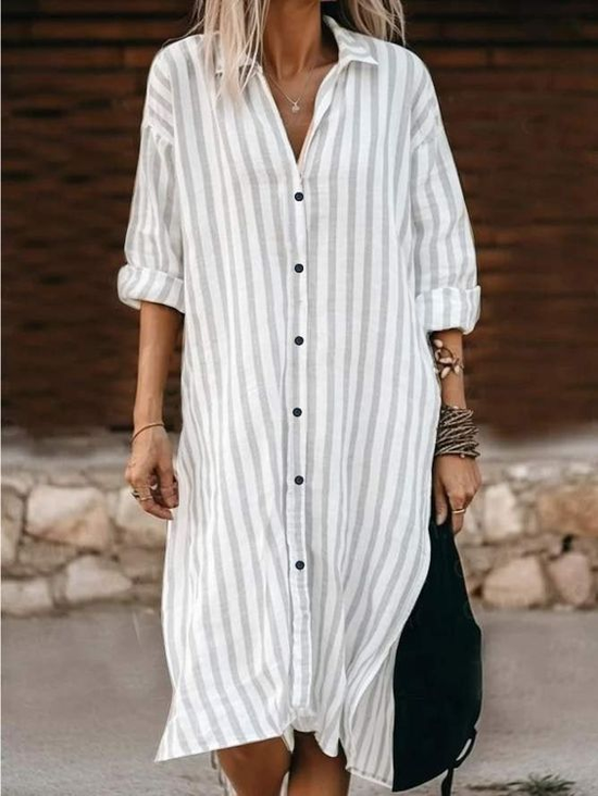 Striped Shirt Collar Simple Shirt Dress