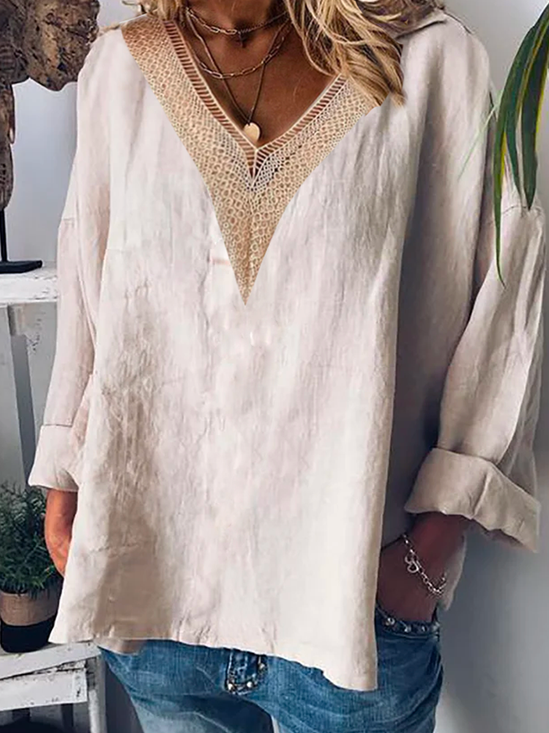 Casual Plain Loose Cotton-Blend Blouse
