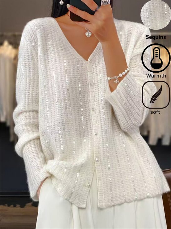 Women's Cardigan Sweater V Neck Ribbed Knit Polyester Sequins Patchwork Fall Winter Regular Party Going out Elegant Stylish Soft Long Sleeve