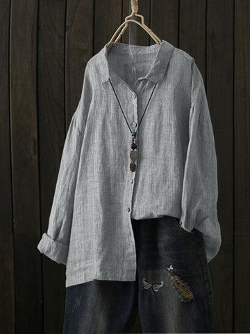 Women's Shirt Blouse Linen Plain Gray Casual Basic Button Long Sleeve Linen and Cotton 