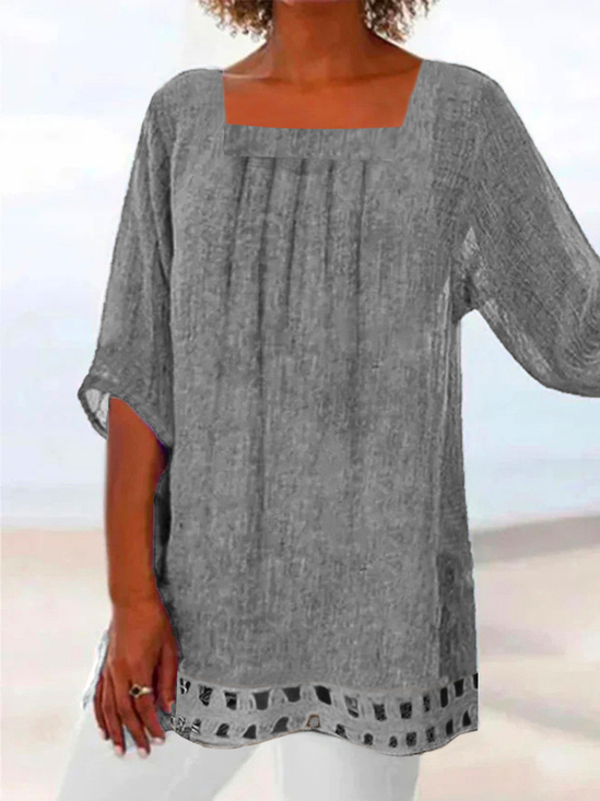 Casual Square Neck Cotton-Blend Plain Blouse
