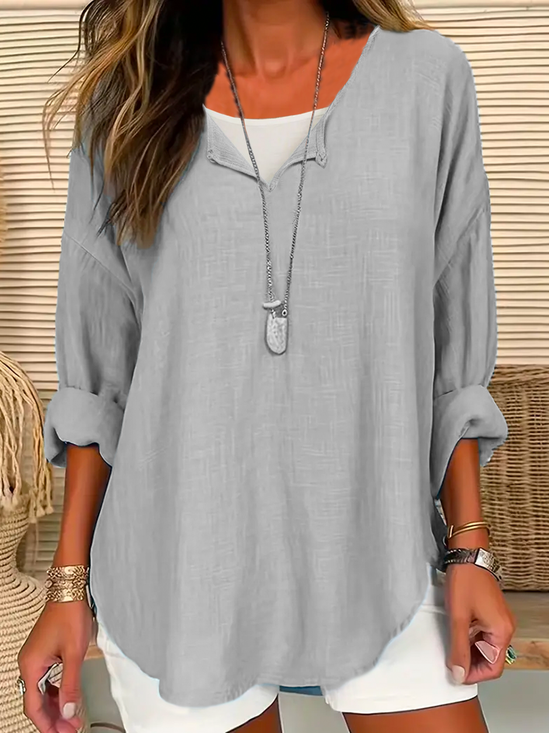 V Neck Cotton-Blend Plain Casual Blouse