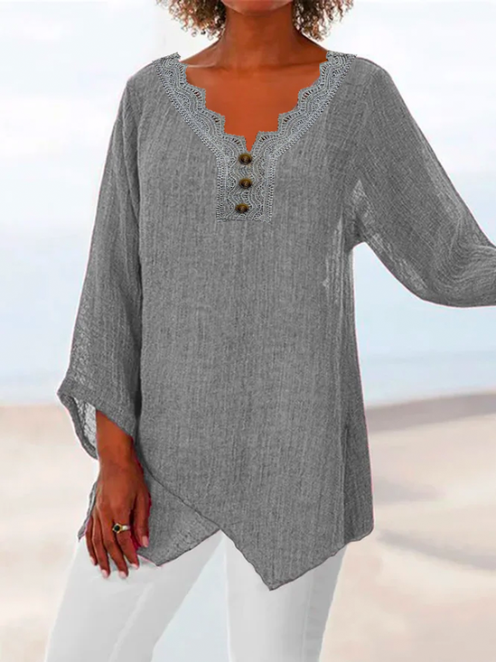 Lace  V Neck Casual Loose Plain Blouse