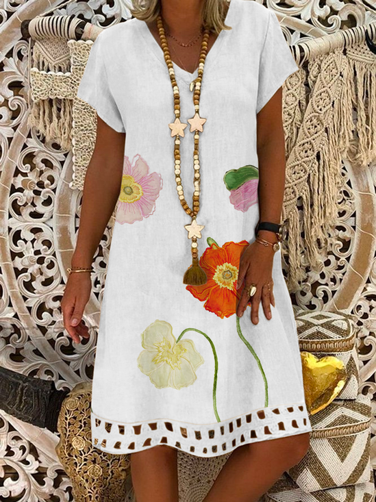Women's Casual Dress Shift Dress Polka Flower Print V Neck Hollow Out Desgin Midi Dress Basic Daily Vacation Short Sleeve Loose Fit Summer Spring