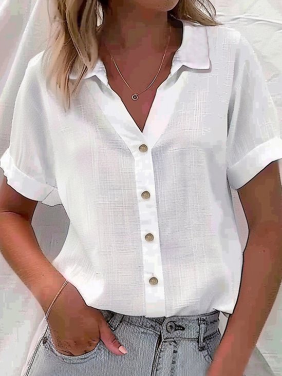 Casual Shirt Collar Plain Cotton Blouse