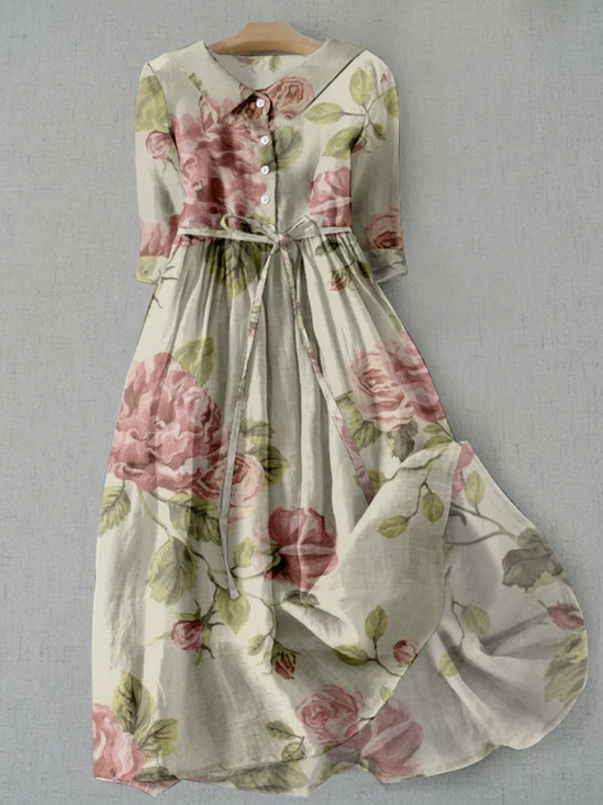 Loose Shirt Collar Vacation Floral Linen Style Dress With Belt