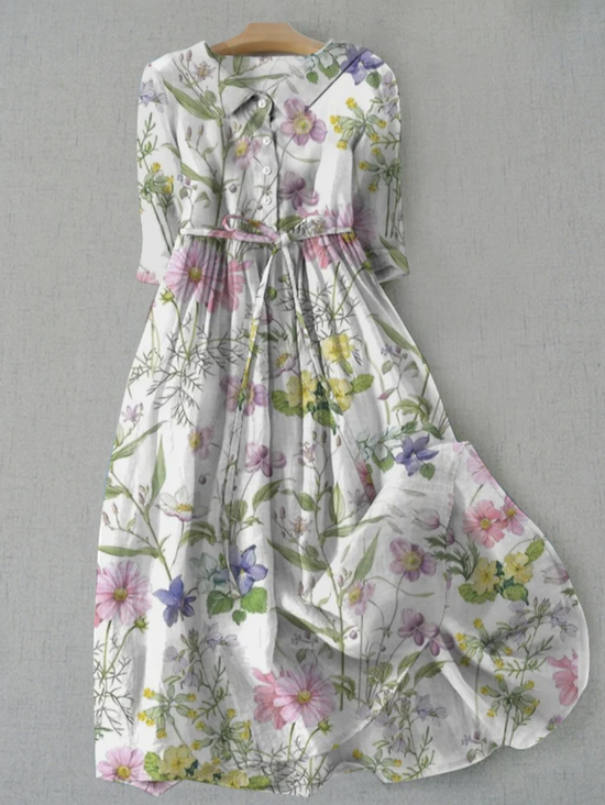 Floral Shirt Collar Loose Linen Style Dress With Belt
