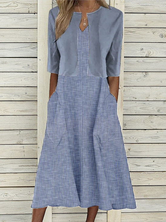 V Neck Simple Striped Linen Style Dress