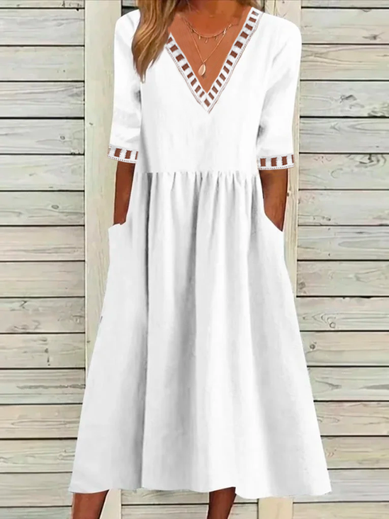 V Neck Simple Linen Style Dress
