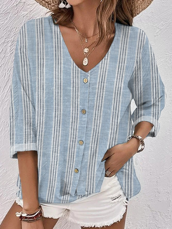 Simple Striped V Neck Loose Linen Style Shirt