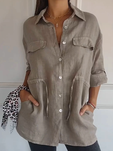 Simple Shirt Collar Plain Linen Style Blouse