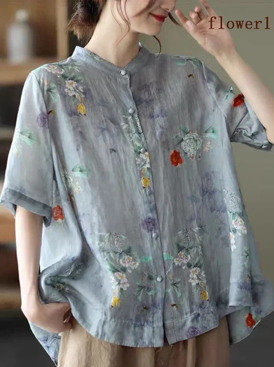 Crew Neck Loose Casual Floral Blouse