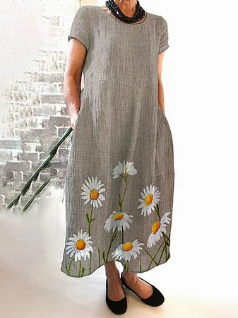 Crew Neck Casual Sunflower Loose Linen Style Dress