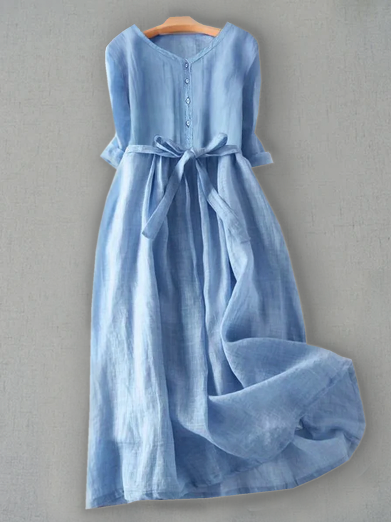 Loose Plain Simple Linen Style Dress With Belt