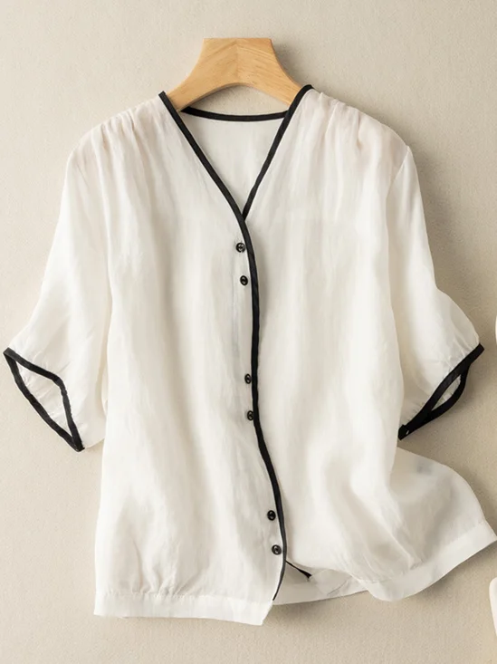 Casual Loose V Neck Linen Style Blouse