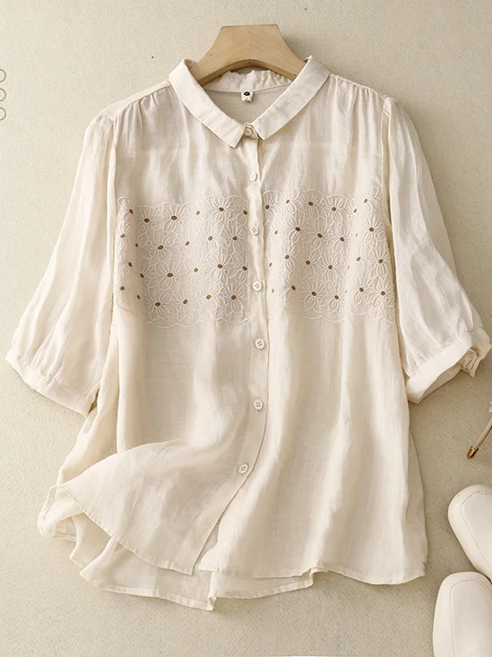 Shirt Collar Plain Simple Cotton-Blend Blouse