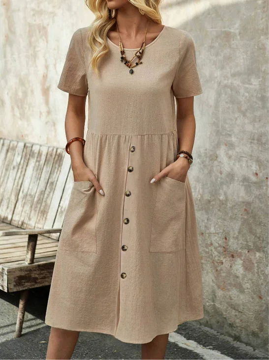 Loose Crew Neck Casual Cotton Dress With No