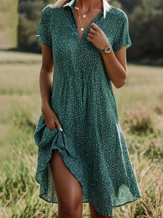Women's Short Sleeve Summer Polka Dots Sundress Shirt Collar V Neck Going Out Casual A-Line Midi Dress Green Blue Red