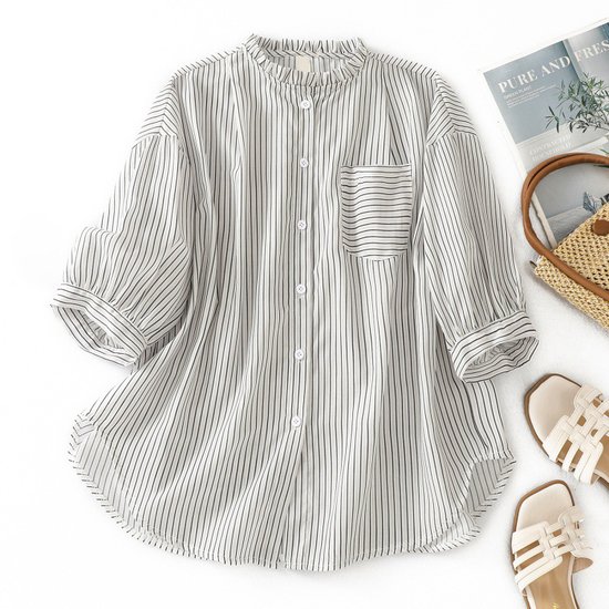 Casual Cotton And Linen Loose Striped Blouse