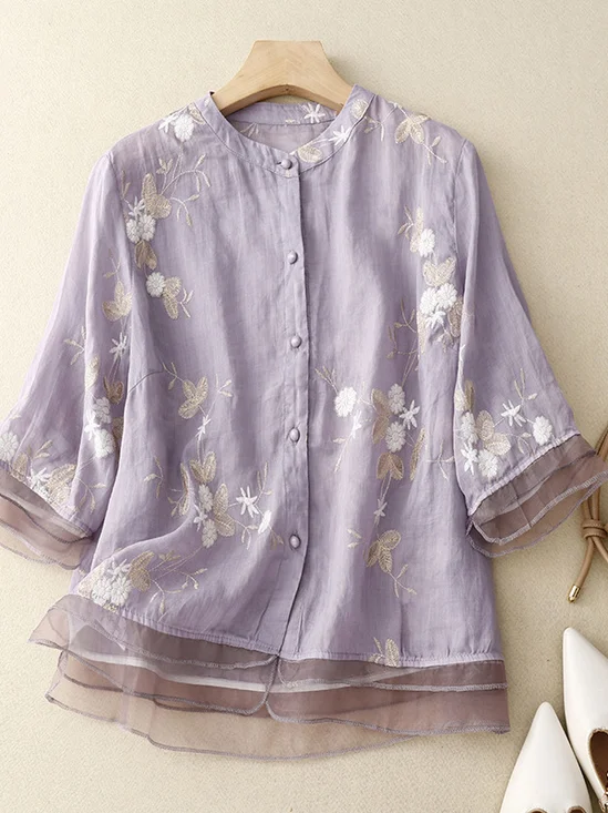 Shirt Blouse Women's Embroidered Fashion Round Neck Cotton Causal Blouse