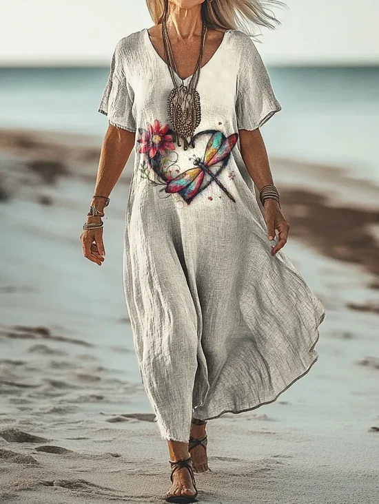 Women's Short Sleeve Summer As Picture Floral Printing V Neck Daily Going Out Casual Maxi H-Line T-Shirt Dress Dress