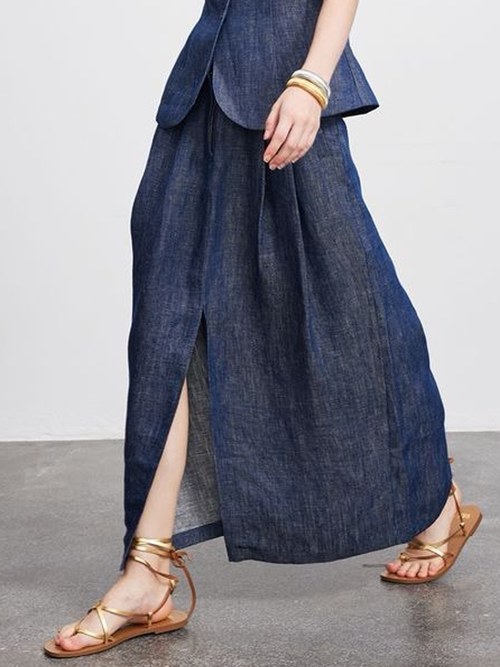 Linen Urban Pocket Stitching Plain Maxi Skirt