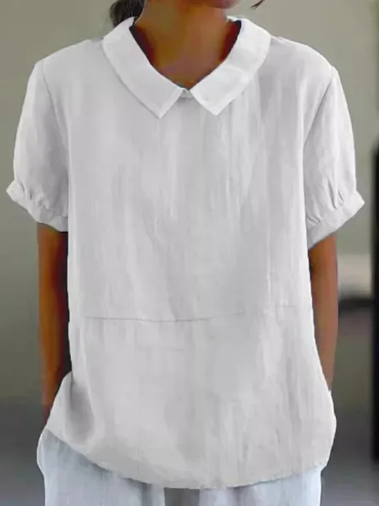 Women Plain Shawl Collar Vintage Short Sleeve T-shirt