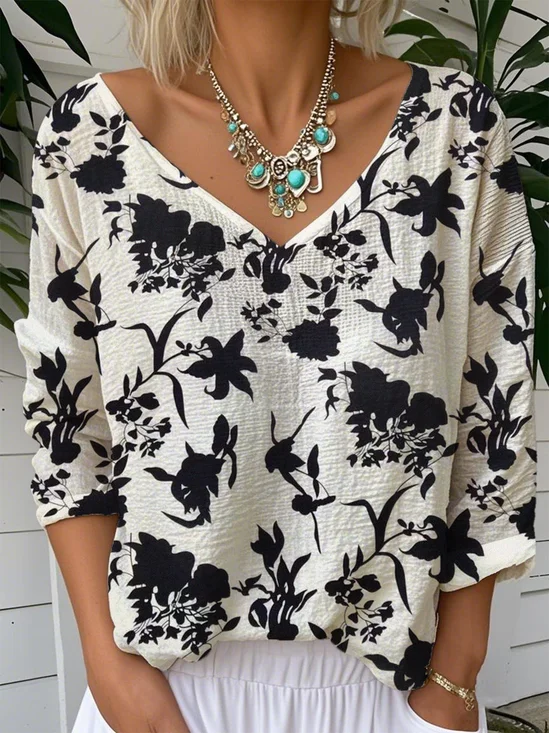 Women Floral V Neck Vintage Long Sleeve T-shirt