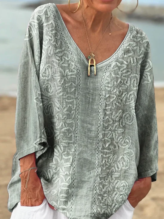 Women Geometric V Neck Casual Long Sleeve T-shirt