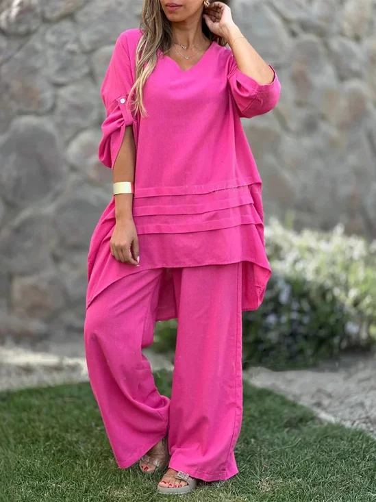 Casual Plain V Neck Two-Piece Set