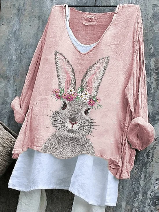 Women Easter (rabbit) V Neck Vintage Long Sleeve T-shirt