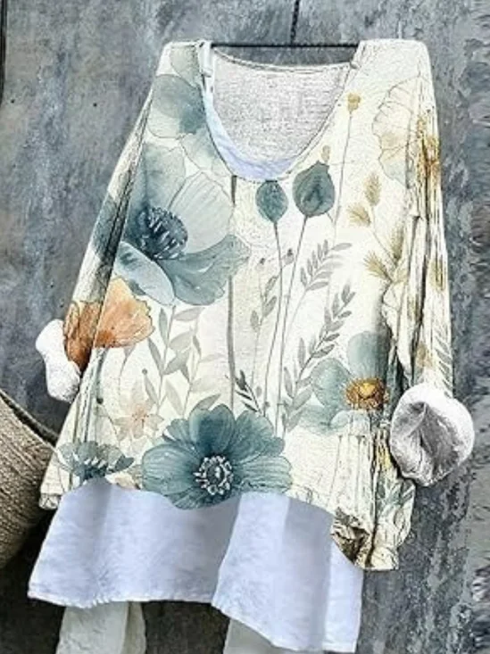 Women Floral V Neck Vintage Long Sleeve T-shirt