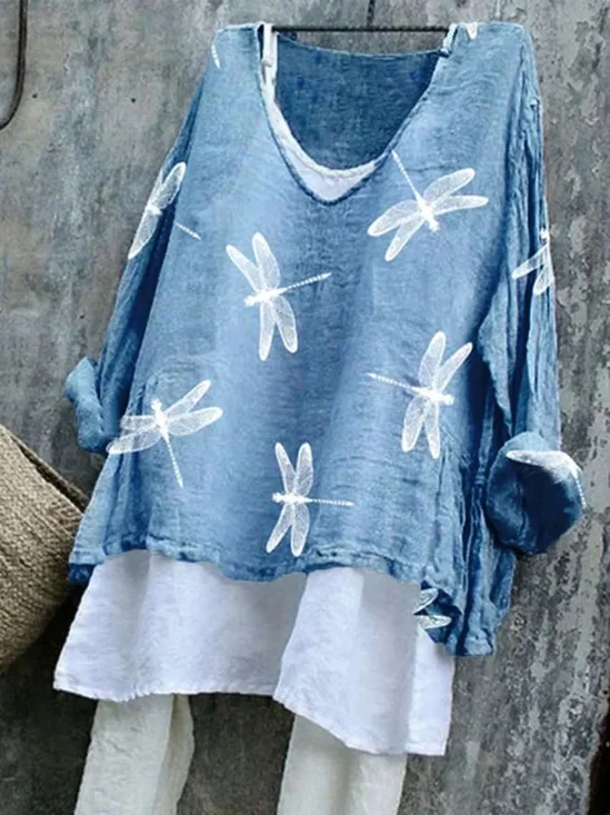 Women Animal V Neck Vintage Long Sleeve T-shirt