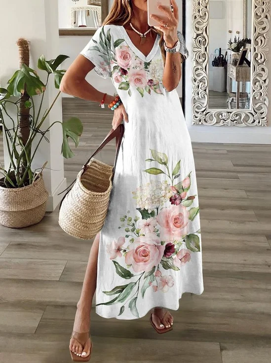 Women's Spring Printed Casual V-Neck Short Sleeve Dress