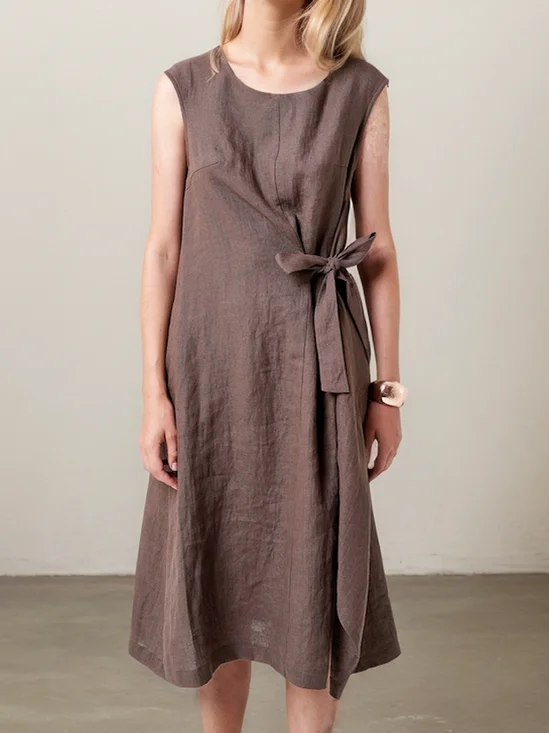 Casual Plain Asymmetric linen-cotton Knee Length Dress