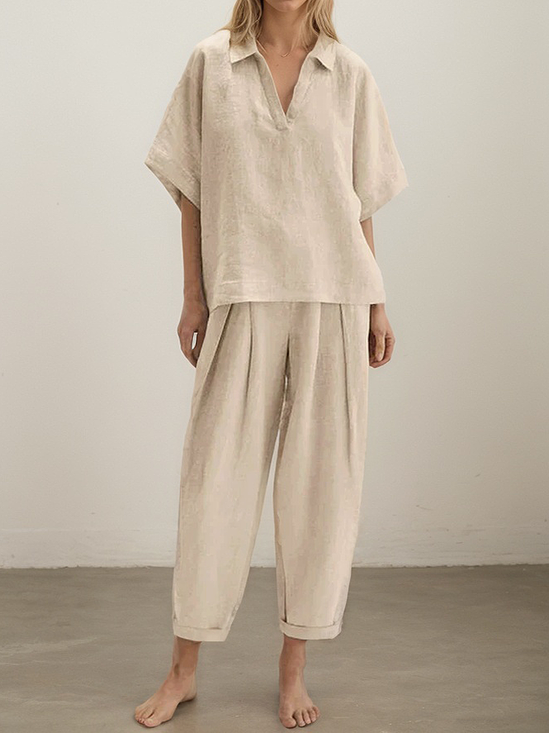Casual Plain Shirt Collar linen-cotton Two-Piece Set