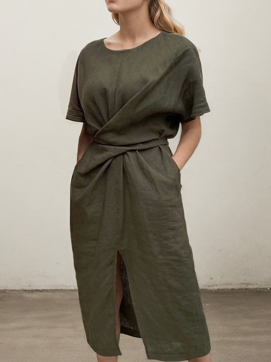 Casual Plain Cross linen-cotton Midi Dress