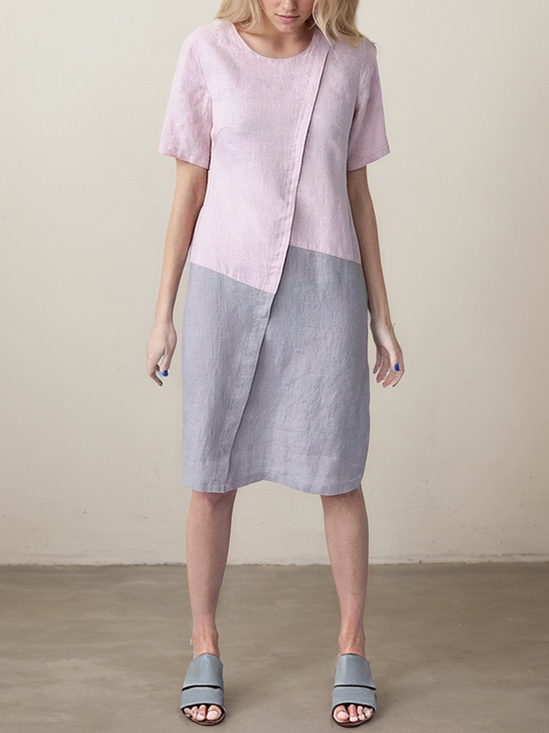 Casual Color Block linen-cotton Knee Length Dress