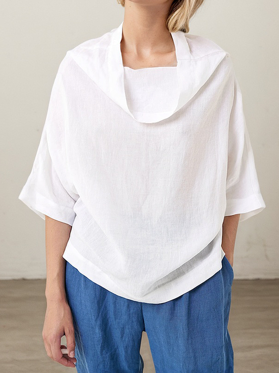 Linen Casual Plain Cowl Neck linen-cotton Blouse