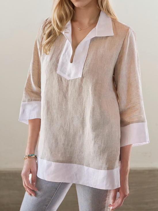 Linen Casual Color Block linen-cotton  Blouse