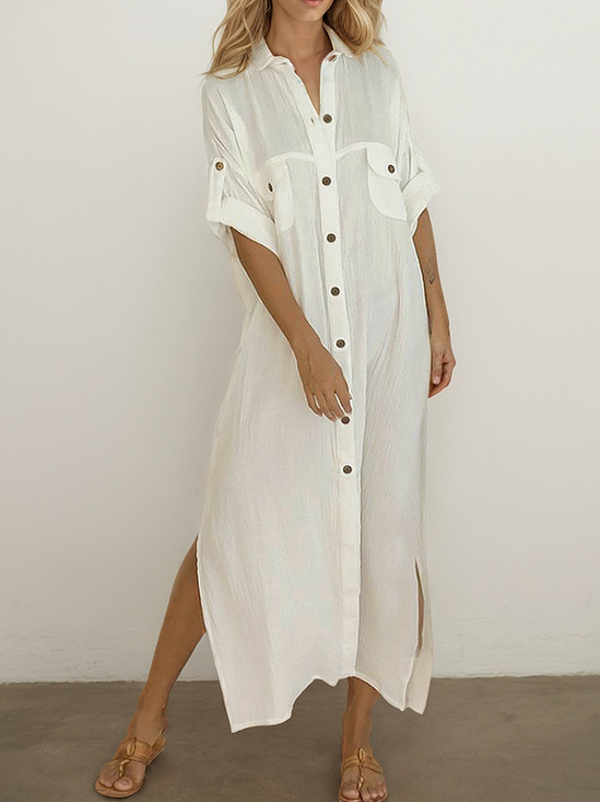 Casual Plain Shirt Collar linen-cotton Maxi Dress