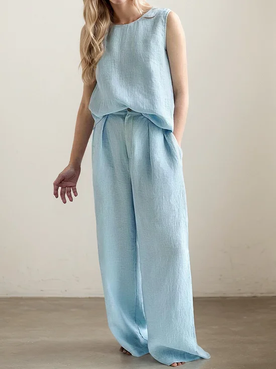 Casual Plain  linen-cotton Two-Piece Set