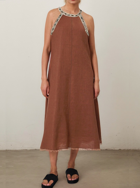 Vacation Plain Halter linen-cotton Midi Dress