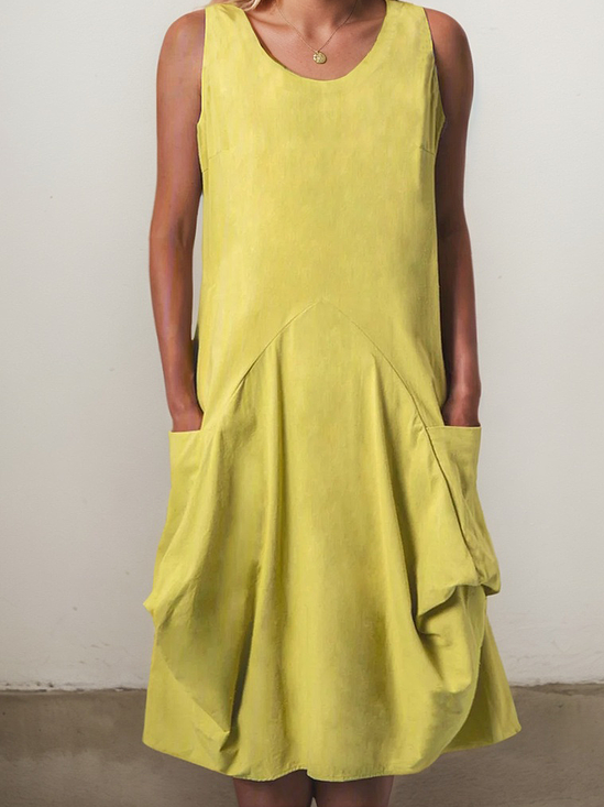 Casual Plain Pocket Stitching linen-cotton Mini Dress
