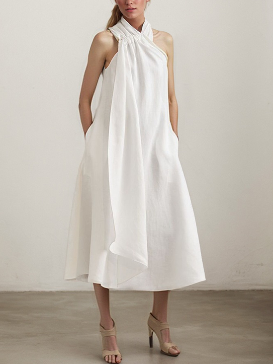 Vacation Plain Halter linen-cotton Midi Dress